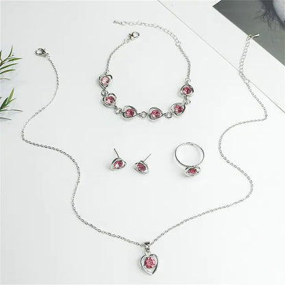 Luxury Cutout Heart Colored Zircon Stud Earring, Bracelet, and Necklace