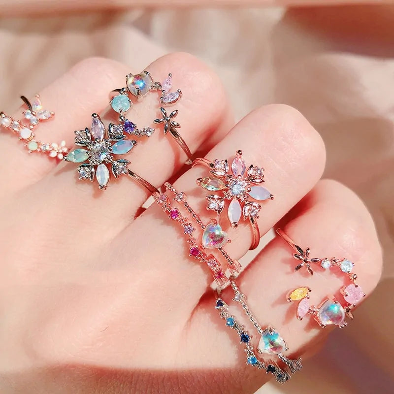 Korean Style Delicate Zircon Heart Moon Adjustable Ring