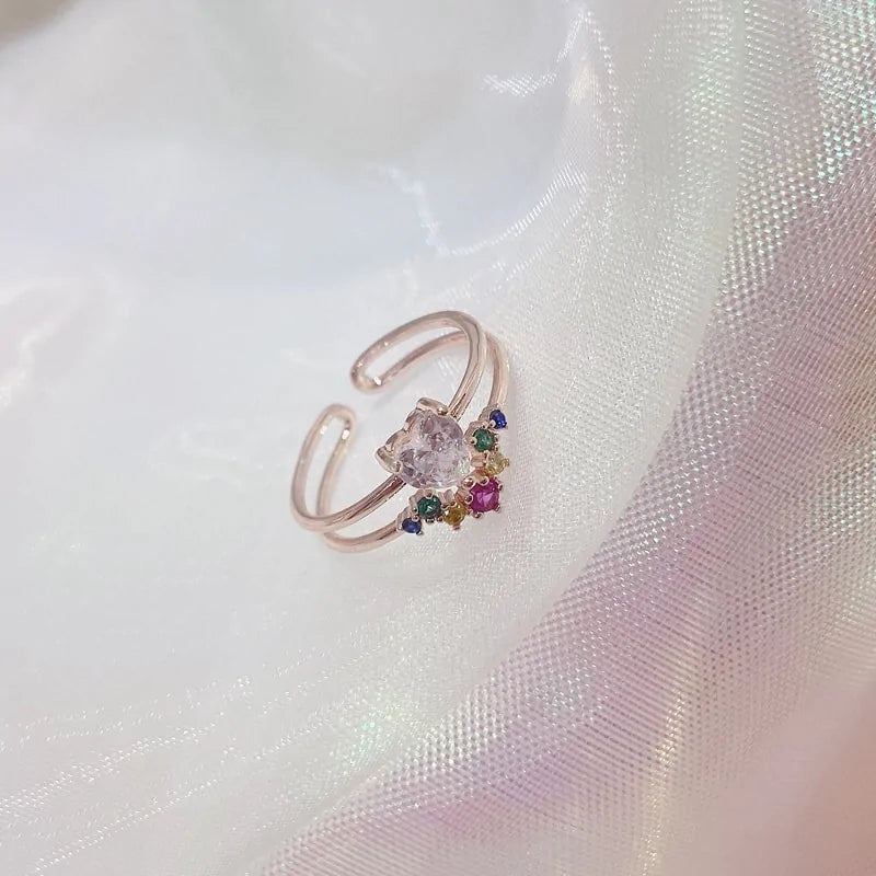 Korean Style Delicate Zircon Heart Moon Adjustable Ring