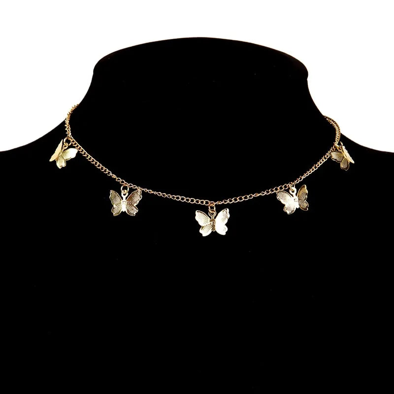 Gold Chain Butterfly Earrings and Pendant Choker Necklace