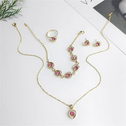 Luxury Cutout Heart Colored Zircon Stud Earring, Bracelet, and Necklace