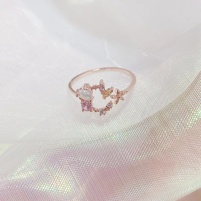 Korean Style Delicate Zircon Heart Moon Adjustable Ring