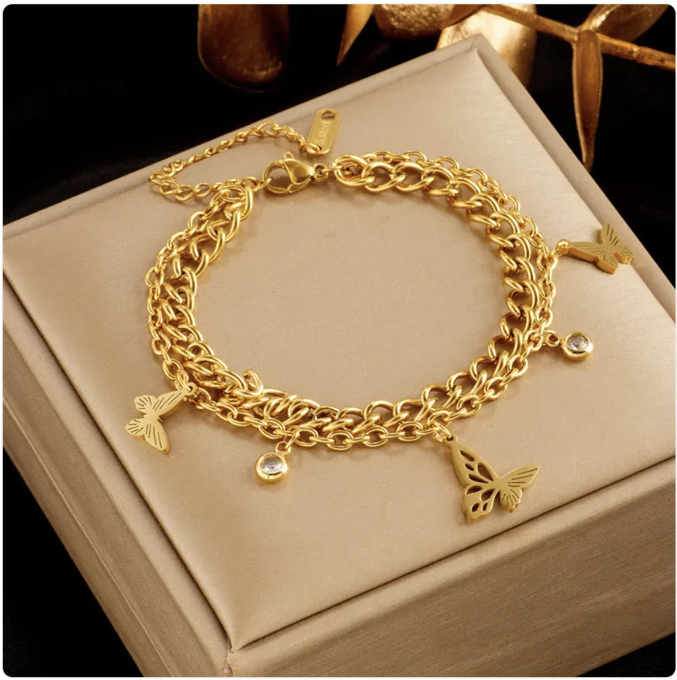 Gold-Plated Butterfly Pearl Rhinestone Bracelet