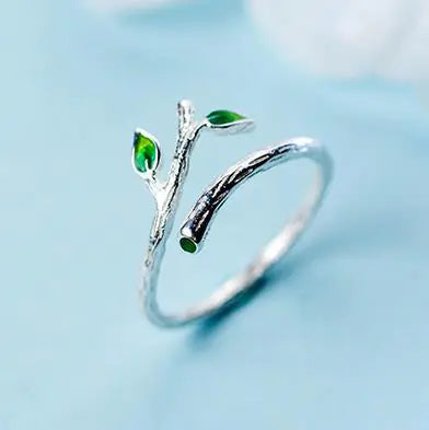 100% 925 Sterling Silver Green Enamel Leaves Vintage Adjustable Ring