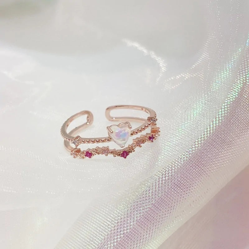 Korean Style Delicate Zircon Heart Moon Adjustable Ring