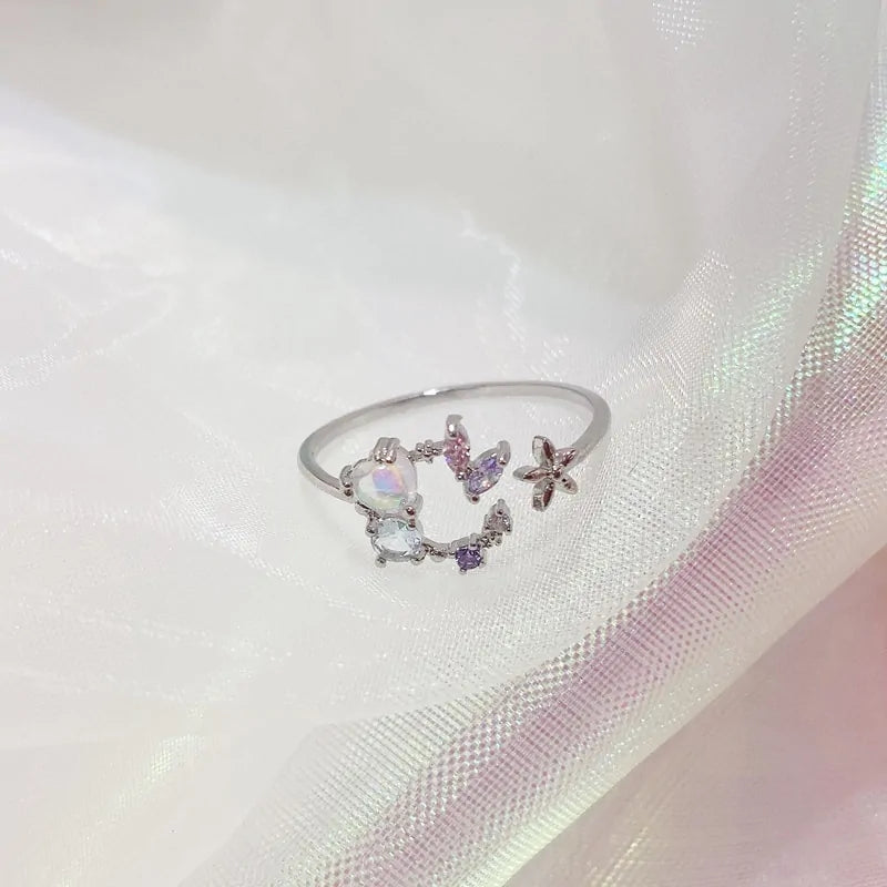 Korean Style Delicate Zircon Heart Moon Adjustable Ring