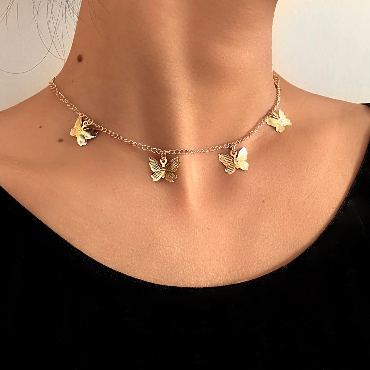 Gold Chain Butterfly Earrings and Pendant Choker Necklace