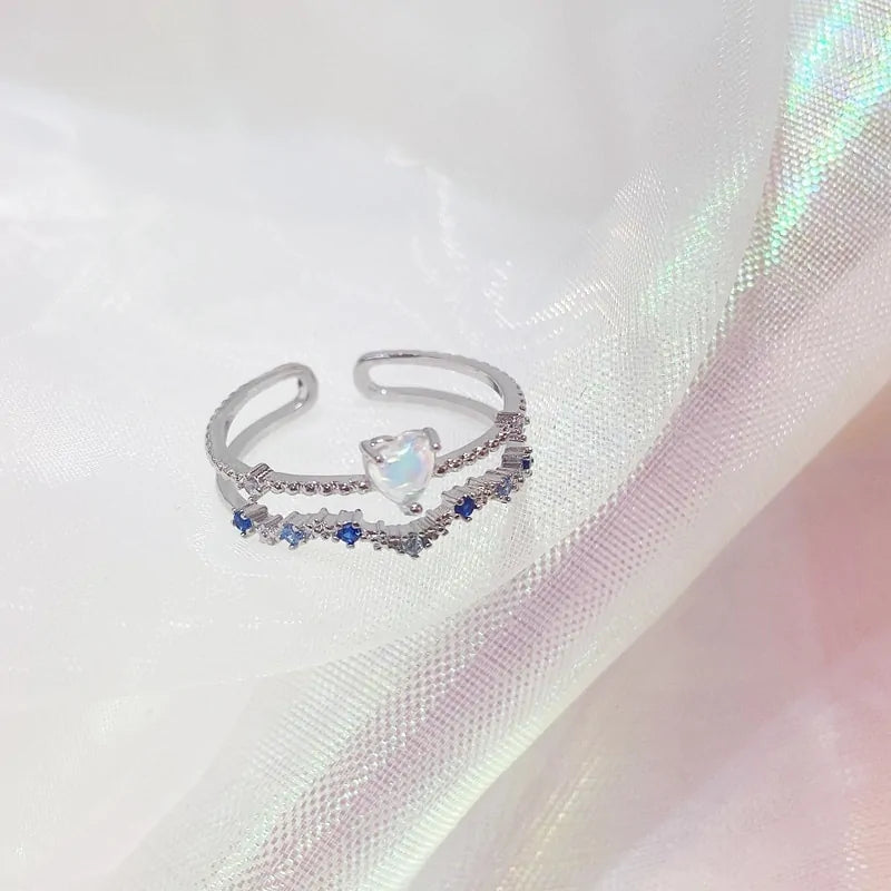 Korean Style Delicate Zircon Heart Moon Adjustable Ring